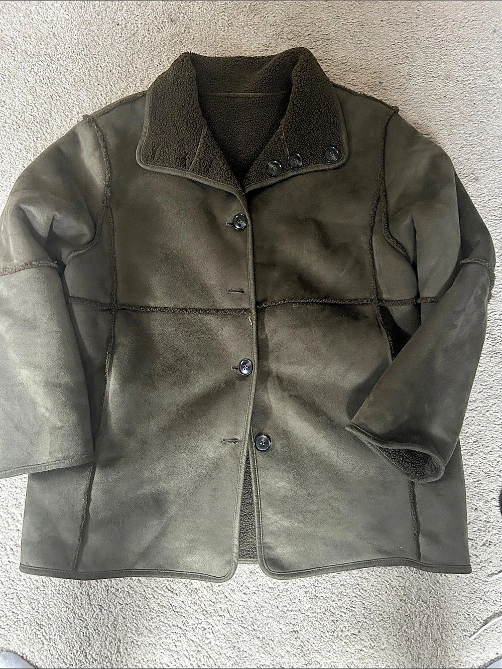 Bernardo Women's Reversible Faux Shearling Fleece Button Front Coat Olive